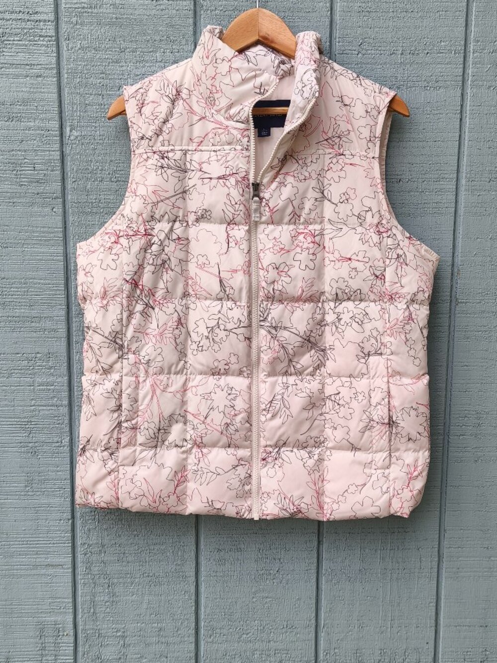 Lands End Down Filled Floral Design Full Zip Puffer Vest sz L Ivory Winter Cozy
